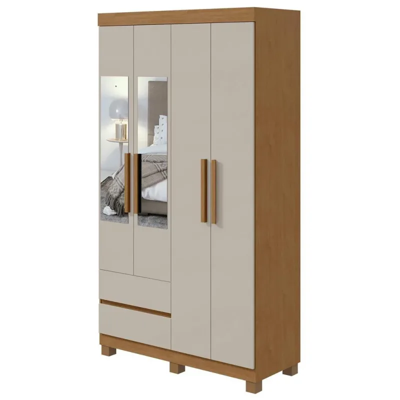 Roupeiro 04 Portas Zeus Plus com Espelho e com Pés Amêndoa Clean/Off White - Lopas