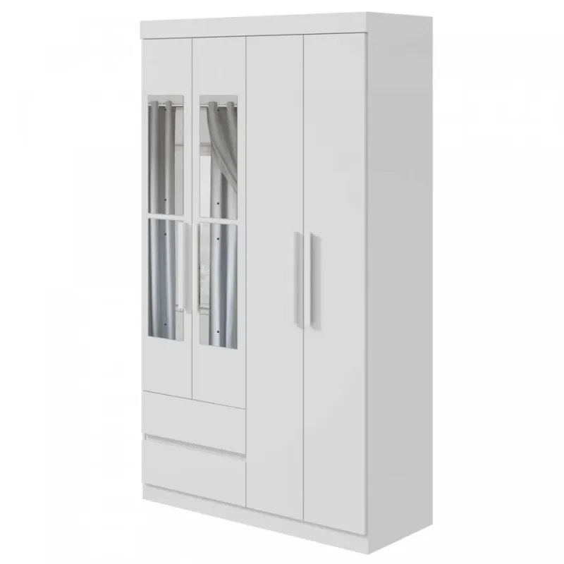 Guarda Roupa Solteiro com Espelho 4 Portas 2 Gavetas Zeus Plus Branco Lopas - Móveis Lopas