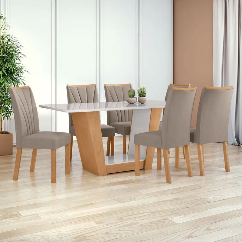 Conjunto Sala de Jantar Mesa 1,70 Apogeu + 6 cadeiras Apogeu Suede Animale Bege Amendoa Clean/Off White