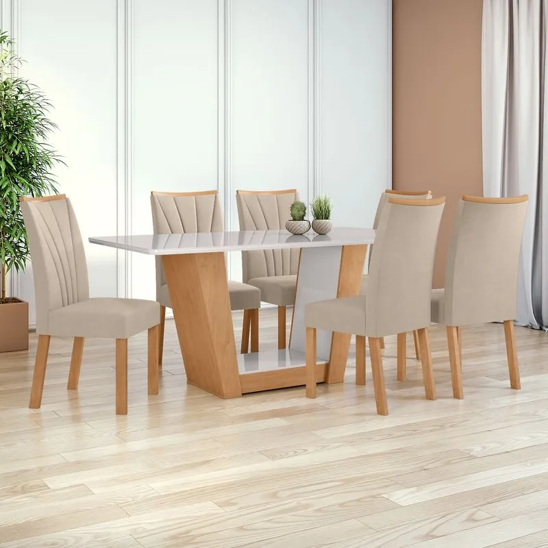 Conjunto Sala de Jantar Mesa 1,70 Apogeu + 6 cadeiras Apogeu Veludo Naturale Creme Amendoa Clean/Off White