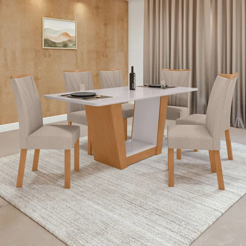 Conjunto Sala de Jantar Mesa 1,70 Apogeu + 6 cadeiras Apogeu Linho Rinzai Bege Amendoa Clean/Off White