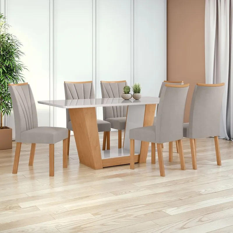 Conjunto Sala de Jantar Mesa 1,70 Apogeu + 6 cadeiras Apogeu Veludo Liso Capuccino Amendoa Clean/Off White