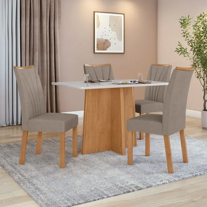 Conjunto Sala de Jantar Mesa 1,20 Celebrare + 4 Cadeiras Apogeu Suede Animale Bege Amendoa Clean/Off White
