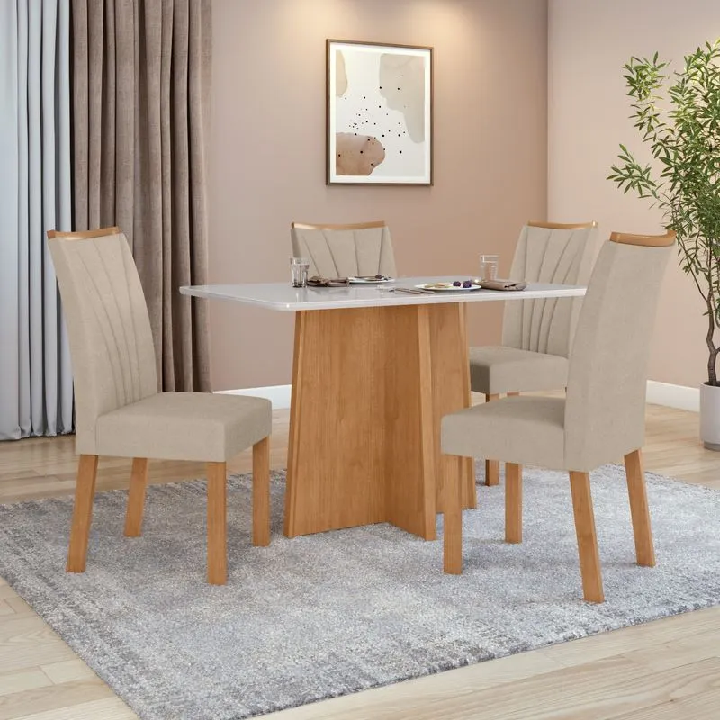 Conjunto Sala de Jantar Mesa 1,20 Celebrare + 4 Cadeiras Apogeu Veludo Naturale Creme Amendoa Clean/Off White