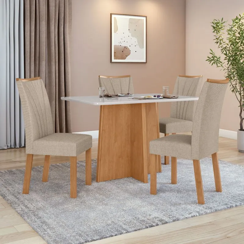 Conjunto Sala de Jantar Mesa 1,20 Celebrare + 4 Cadeiras Apogeu Linho Rinzai Bege Amendoa Clean/Off White