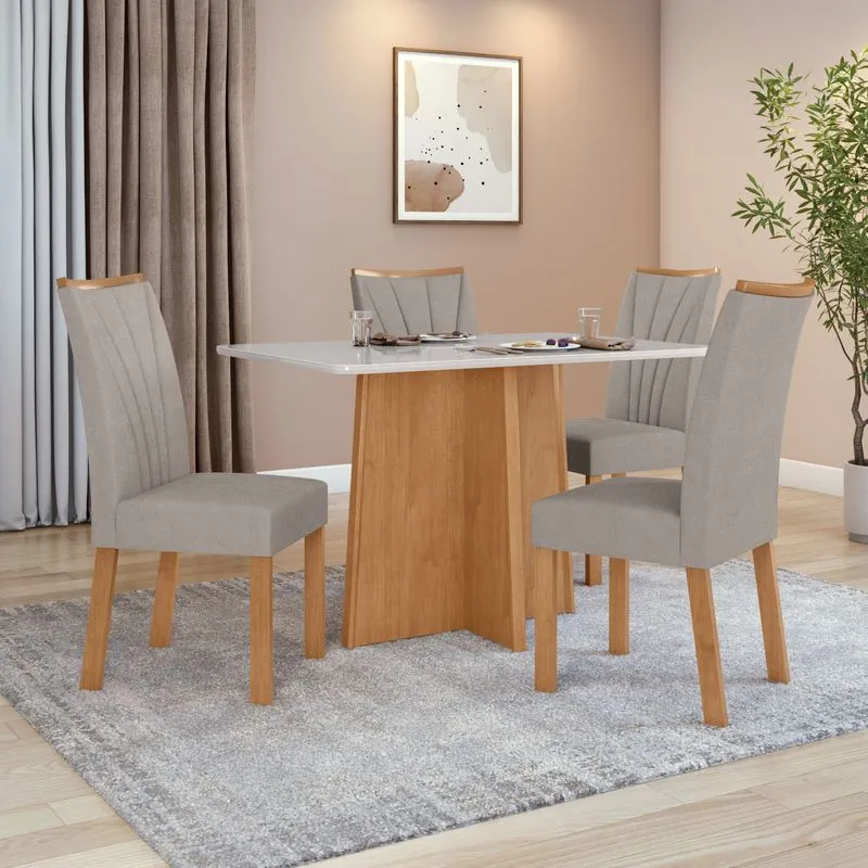 Conjunto Sala de Jantar Mesa 1,20 Celebrare + 4 Cadeiras Apogeu Veludo Liso Capuccino Amendoa Clean/Off White