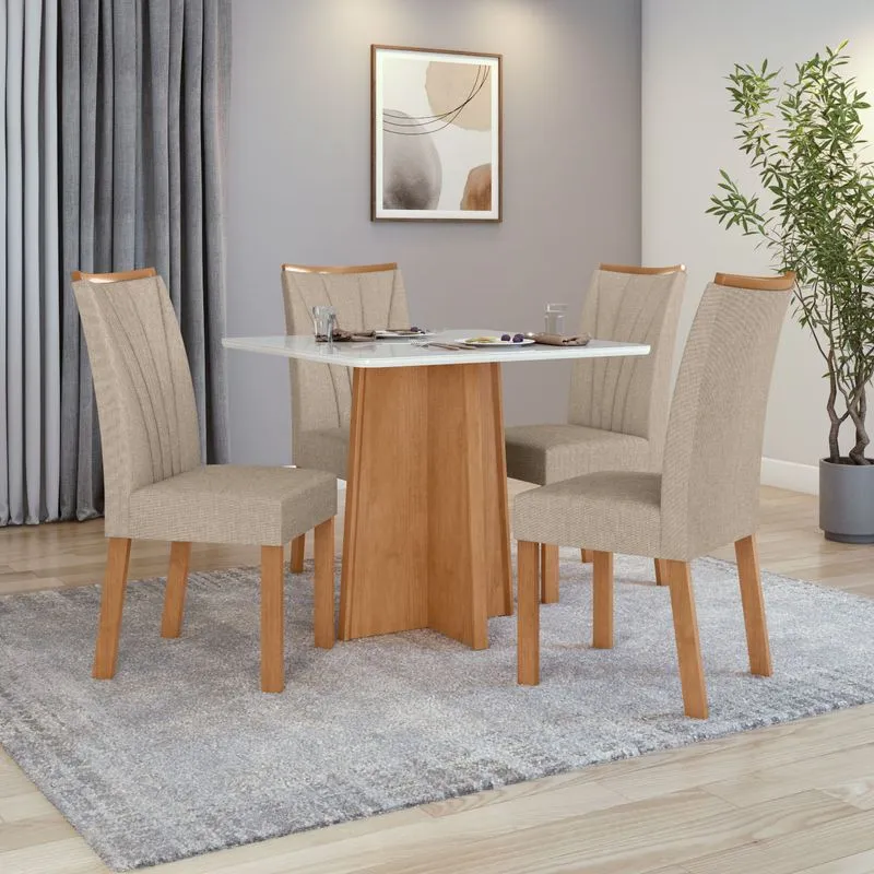 Conjunto Sala de Jantar Mesa 0,90 Celebrare + 4 Cadeiras Apogeu Linho Rinzai Bege Amendoa Clean/Off White
