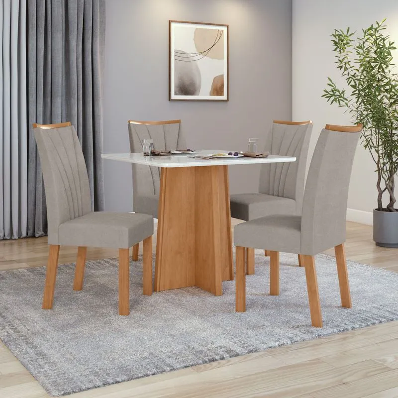 Conjunto Sala de Jantar Mesa 0,90 Celebrare + 4 Cadeiras Apogeu Veludo Liso Capuccino Amendoa Clean/Off White