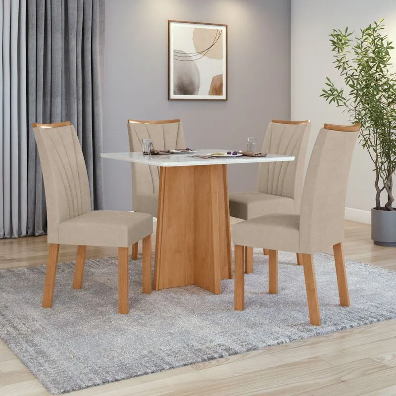 Conjunto Sala de Jantar Mesa 0,90 Celebrare + 4 Cadeiras Apogeu Veludo Naturale Creme Amendoa Clean/Off White