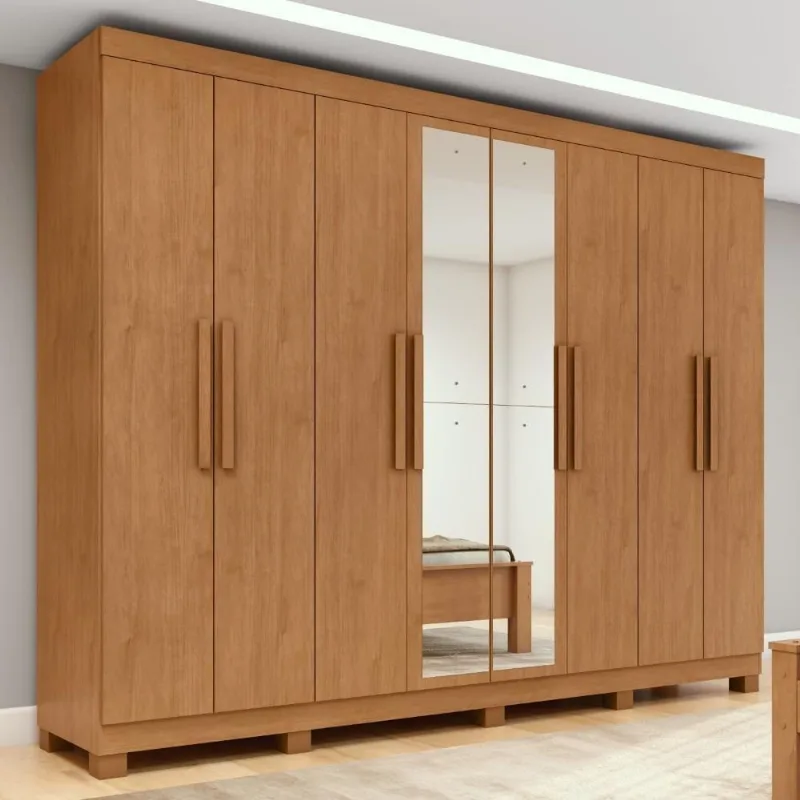 Guarda Roupa Casal Easy Slim 8 Portas de Bater com Espelho 4 Gavetas MDP Amêndoa Móveis Lopas