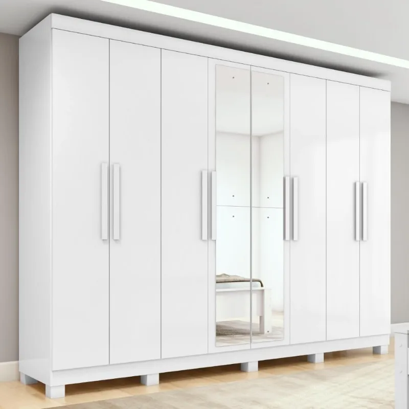 Guarda Roupa Casal Easy Slim 8 Portas de Bater 4 Gavetas MDP com Espelho Branco Móveis Lopas 236CM