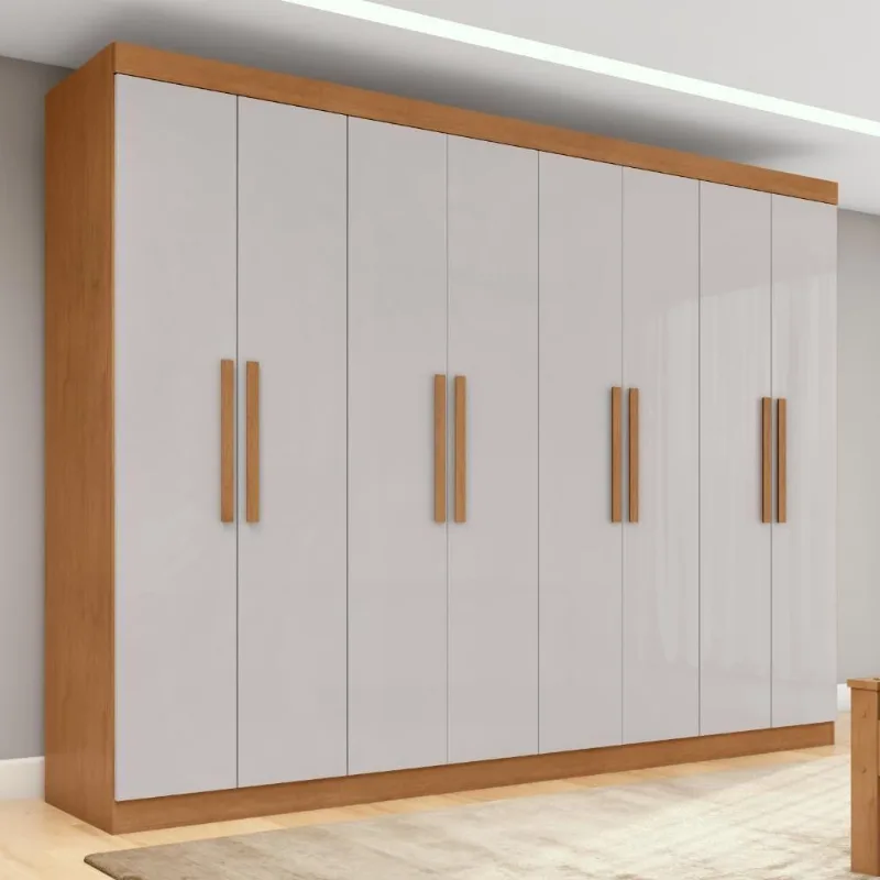 Guarda Roupa Casal Easy Slim 8 Portas de Bater 4 Gavetas MDP Amendoa Clean-Off White Móveis Lopas
