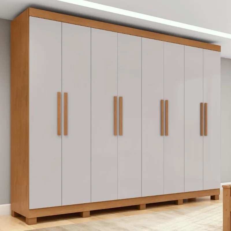 Guarda Roupa Casal Easy Slim 8 Portas de Bater 4 Gavetas MDP Amendoa Clean-Off White Móveis Lopas
