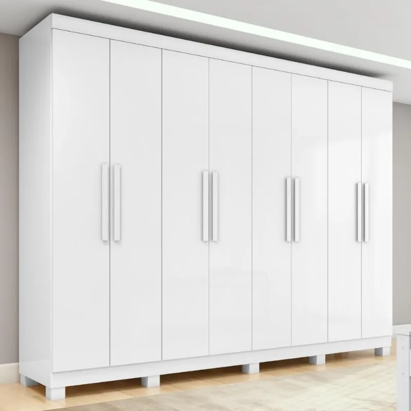 Guarda Roupa Casal Easy Slim 8 Portas de Bater 4 Gavetas MDP com Pés Branco Móveis Lopas 236CM