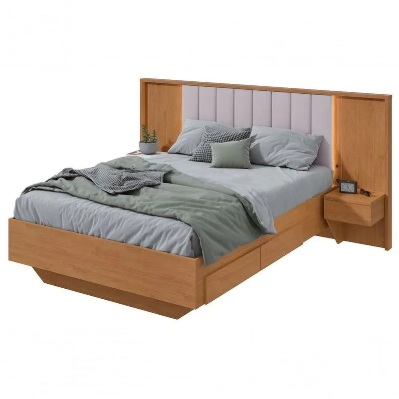 Cama Casal 140cm Com Usb, Usb-c E 2 Mesa De Cabeceiras Solaris Amendoa Clean Off White