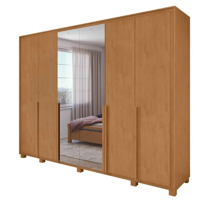 Guarda Roupa Casal Easy Space 6 Portas de Bater 6 Gavetas MDF com Espelho Amendoa Clean-Off White