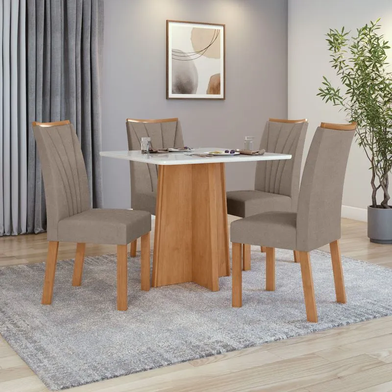 Conjunto Sala de Jantar Mesa 0,90 Celebrare + 4 Cadeiras Apogeu Suede Animale Bege Amendoa Clean/Off White