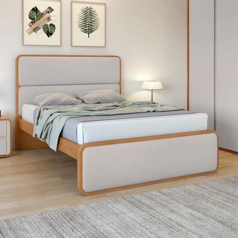 Cama Casal Easy Like com Estrutura MDF-MDP Tecido Corano Bege Amendoa Clean Móveis Lopas 151CM