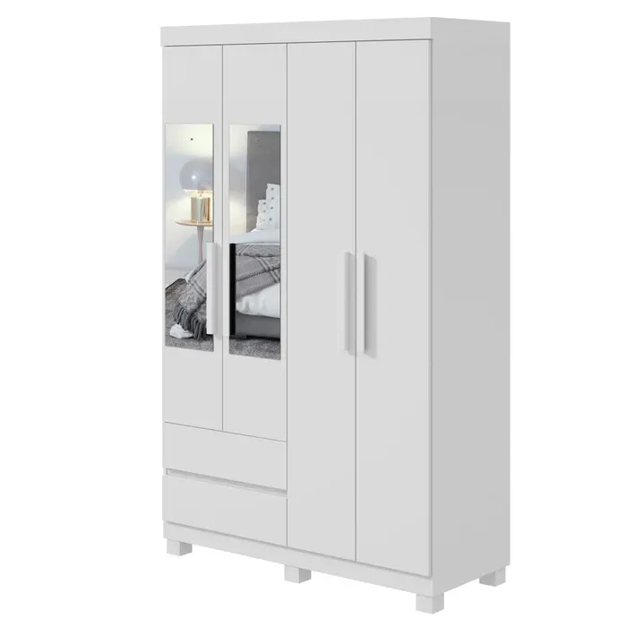 Roupeiro 04 Portas Zeus Com 02 Espelhos e Com Pés Branco - Lopas