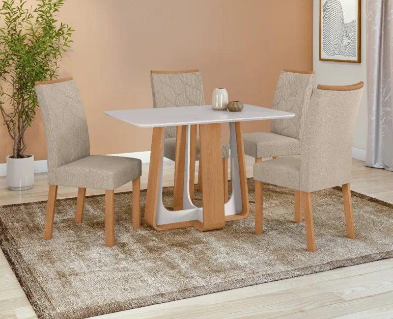Mesa Sintonia Com Tampo de Vidro 120 Amêndoa Clean/Off White Com 04 Cadeiras Rayla Tecido Linho Rinzai Bege - Lopas