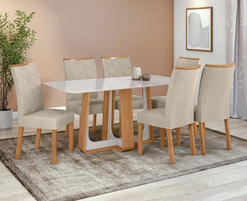 Mesa Sintonia Com Tampo de Vidro 1,60 Amêndoa Clean/Off White Com 06 Cadeiras Rayla Tecido Linho Rinzai Bege - Lopas