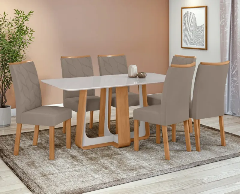 Mesa Sintonia Com Tampo de Vidro 1,60 Amêndoa Clean/Off White Com 06 Cadeiras Rayla Tecido Suede Animale Bege - Lopas