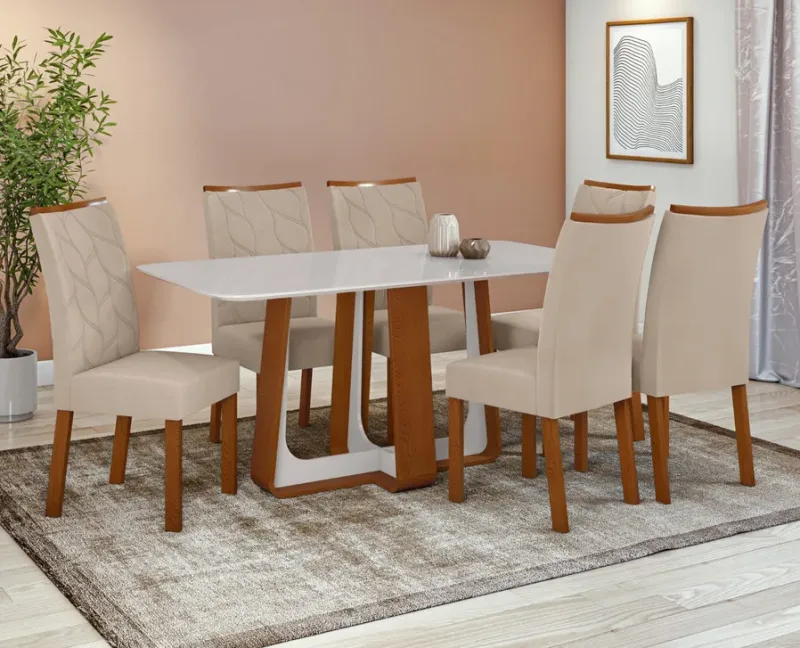 Mesa Sintonia Com Tampo de Vidro 1,60 Frassino/off White Com 06 Cadeiras Rayla Veludo Naturale Creme - Lopas