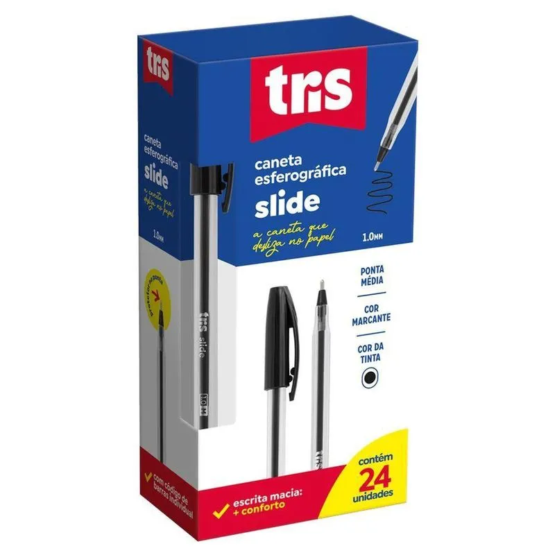 Caneta Esferográfica Slide Tris - Preto 1.0mm c- 24 Unidades