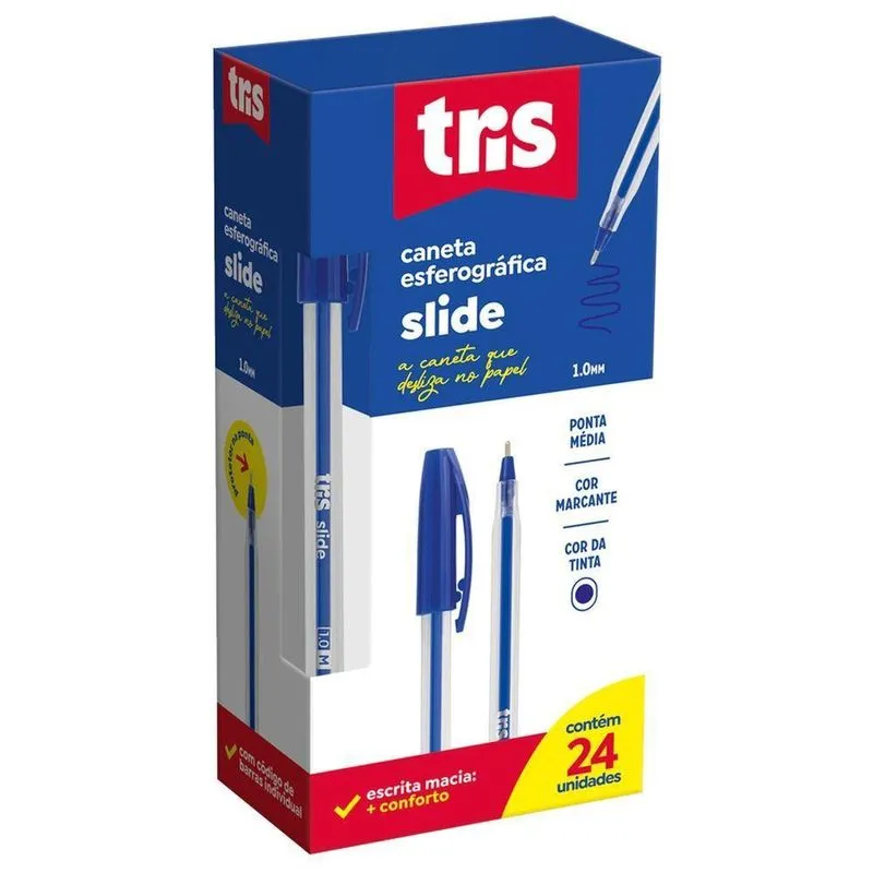 Caneta Esferográfica Slide Tris - Azul 1.0mm c- 24 Unidades