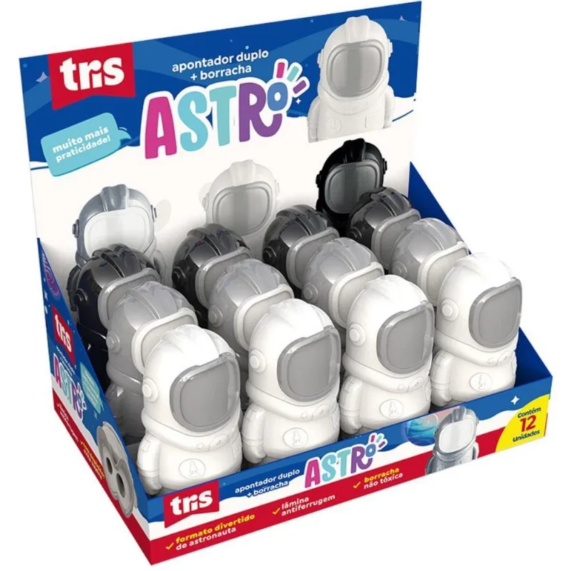 Apontador Com Deposito Decor. Tris Astro 2em1 C/borrach.3cor Dp.c/12