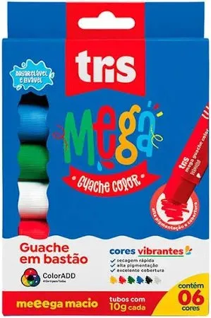 Guache em Bastão Mega Guache Color - 6 Cores Regulares - Tris