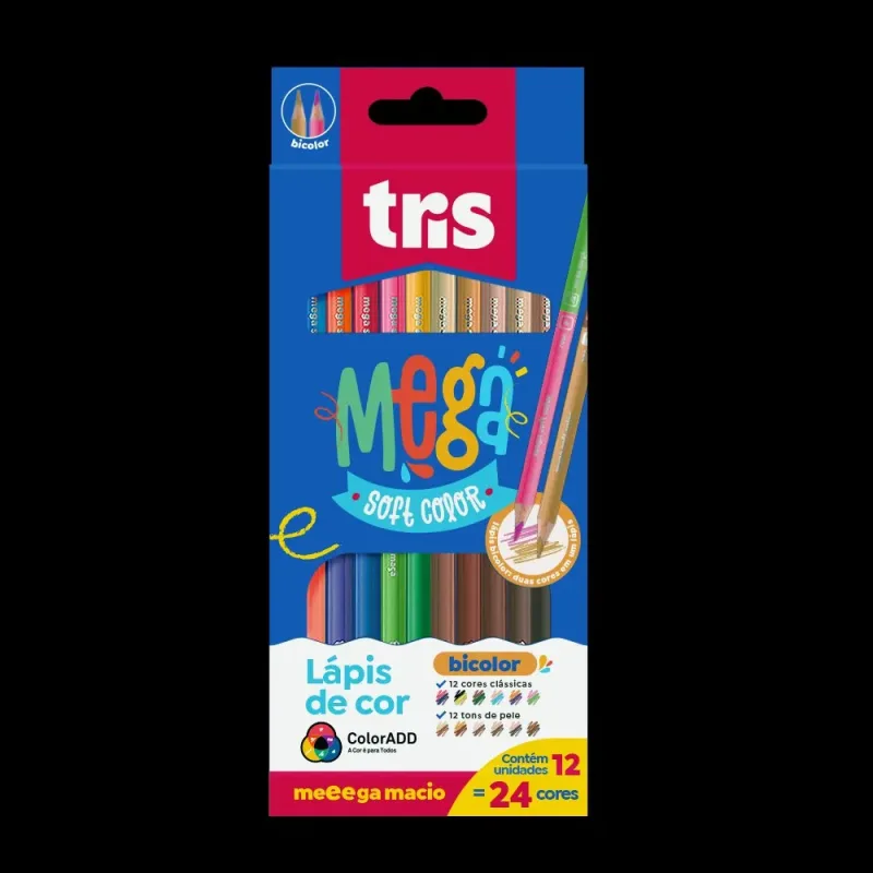 Lápis de Cor Ponta Dupla Mega Soft Color - Bicolor - 12 Cores Regulares + 12 Cores Tons de Pele - Tris