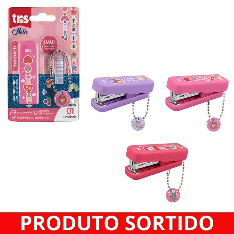Grampeador Plástico Mini 20 Folhas Munch Sortido Tris UN