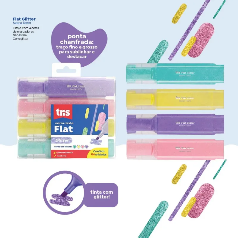Marca Texto Glitter Flat Tris Kit c/4un