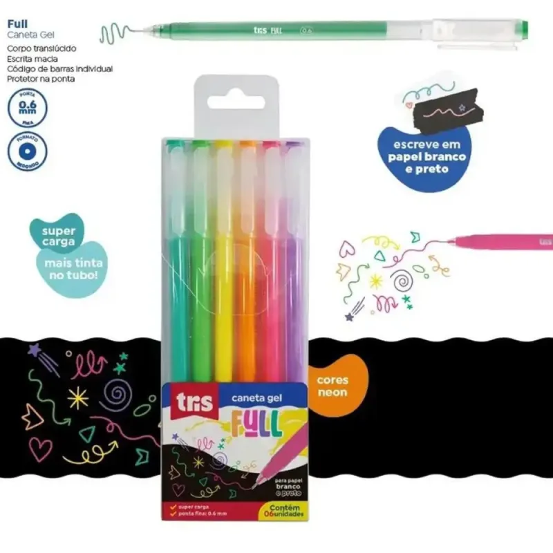 Caneta GEL TRIS FULL Neon 0.6MM 6 Cores Estojo