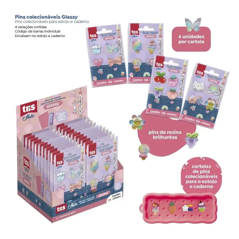 Cartela com 4 Pins Glassy Holic Charm