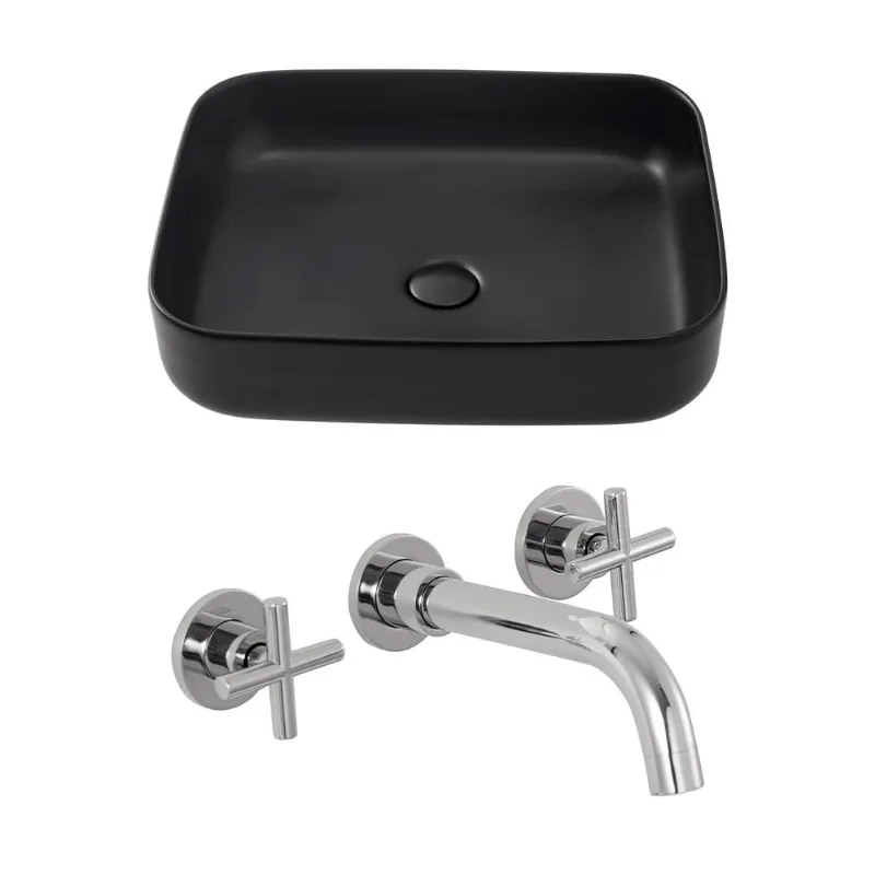 Kit Cuba para Banheiro Retangular Slim Cerâmica Fluorita e Torneira Duplo Comando de Parede Cariús - Preto e Prata