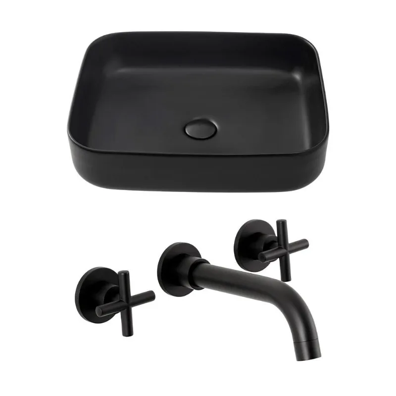 Kit Cuba para Banheiro Retangular Slim Cerâmica Fluorita e Torneira Duplo Comando de Parede Cariús - Preto