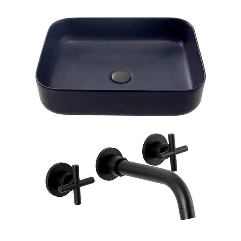 Kit Cuba para Banheiro Retangular Slim Cerâmica Fluorita e Torneira Duplo Comando de Parede Cariús - Cinza Fosco e Preto