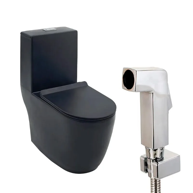 Kit Vaso Sanitário Monobloco Amazonita e Ducha Higiênica para Banheiro Jacuí - Preto e Prata