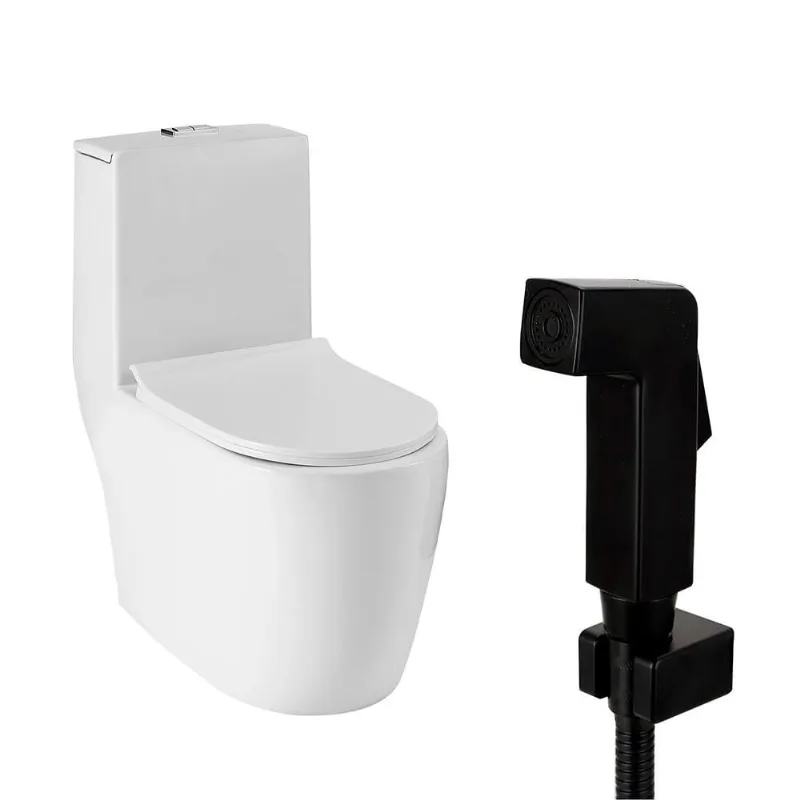 Kit Vaso Sanitário Monobloco Amazonita e Ducha Higiênica para Banheiro Jacuí - Branco e Preto