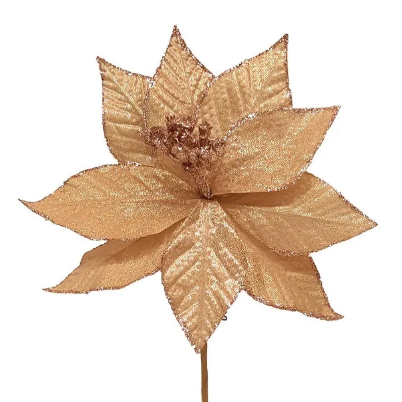 Flor Natalina Bege E Dourada Poinsetia Decorativa 28cm Tok Da Casa