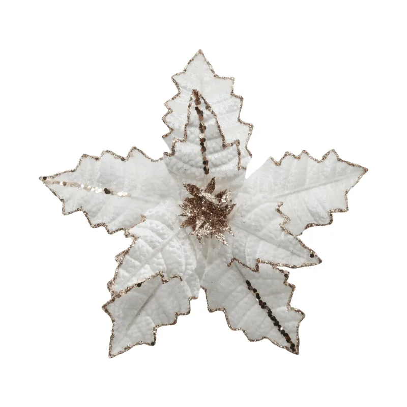 Poinsetia Decorativa Branca e Dourada 40cm