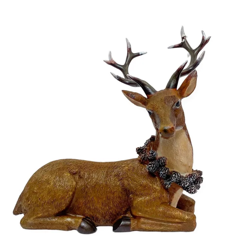 Escultura Rena Deitada Marrom Decorativa 20cm