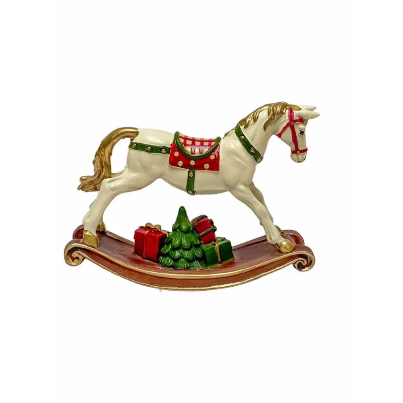 Escultura de Natal Cavalo de Balanco Branco e Color