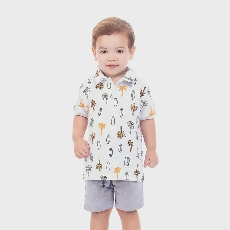 Conjunto Menino Camisa Polo Branca Surfe e Bermuda Mescla