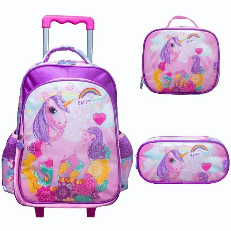 Kit Mochila De Rodinhas + Lancheira Térmica + Estojo Happy Pony Yins Rosa