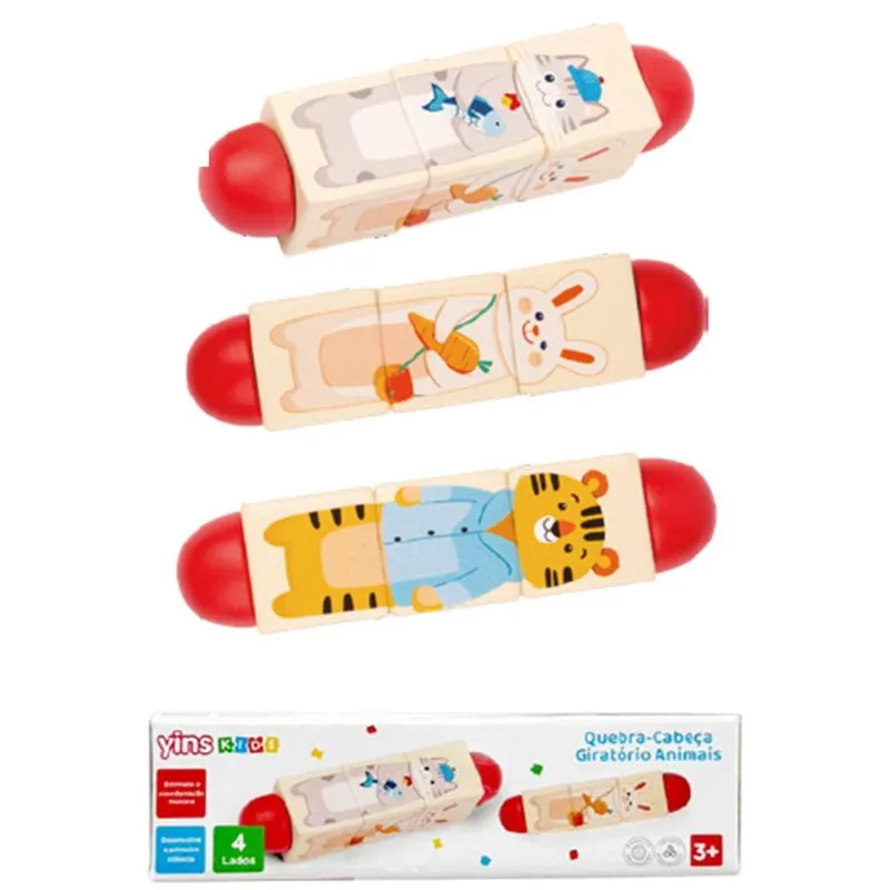 Quebra-cabeça giratório de madeira 3D animais - Yins Kids