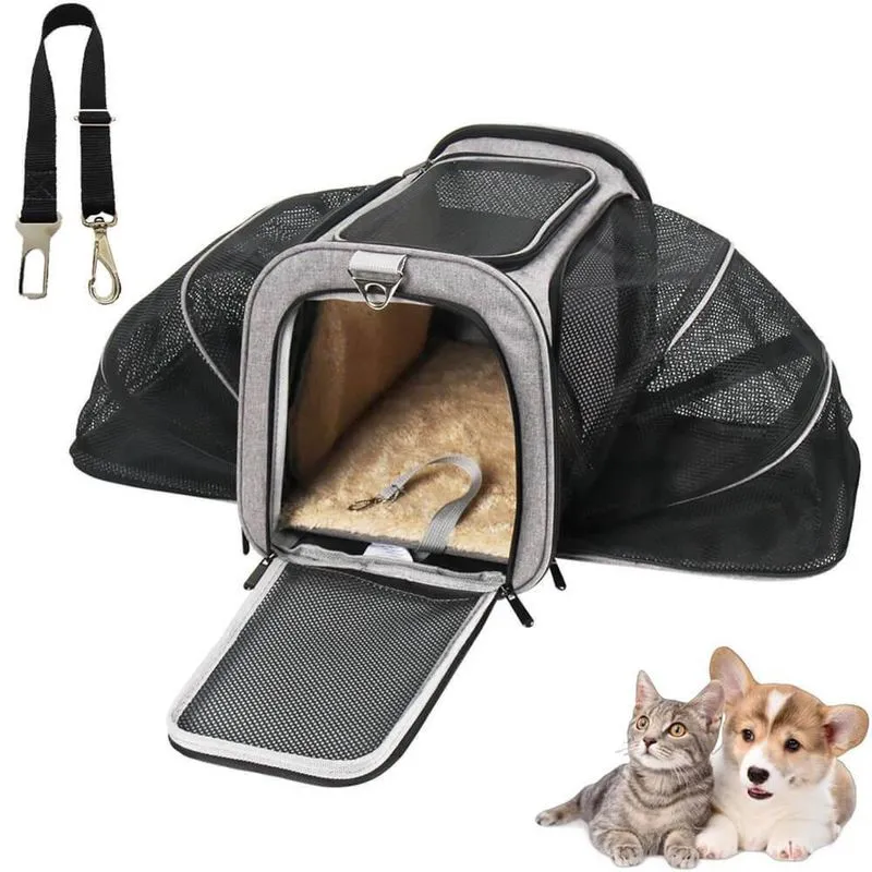 Kit Bolsa Pet Transporte Viagem Expansível Cinza + Cinto
