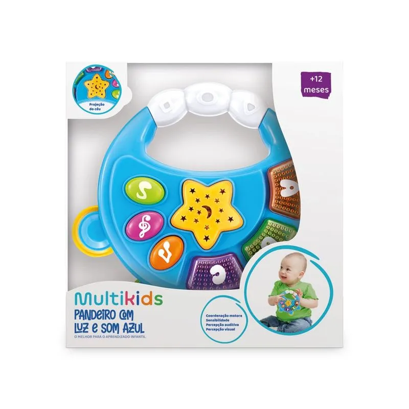 Pandeiro Infantil com Luz e Som Azul Multikids Primeira Infância - BR2092 BR2092